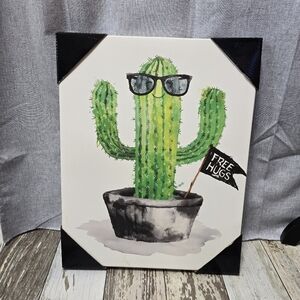 Cactus Wall Art Cactus Waring Sun Glasses With Flag Free Hugs 15' x19" NEW